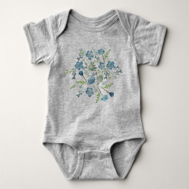 Elegant Boho Blue Green Watercolor Flowers Baby Bodysuit (Front)