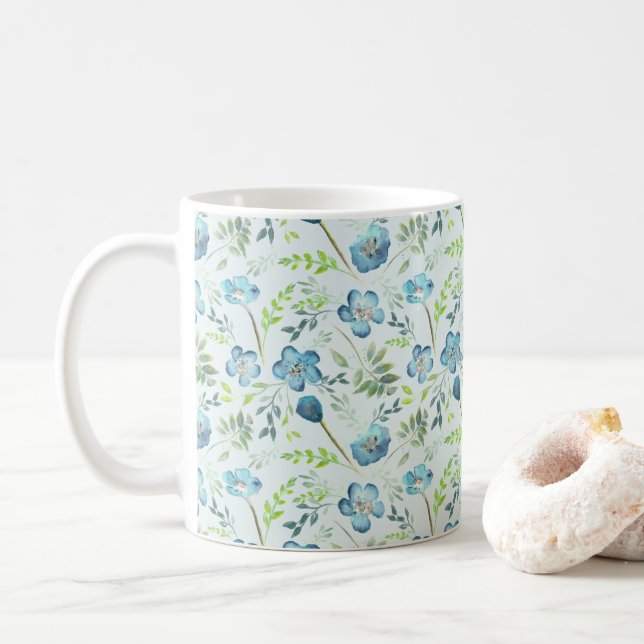 Elegant Boho Blue Green Watercolor Flowers Coffee Mug (With Donut)