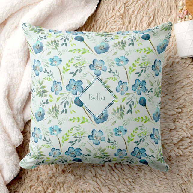 Elegant Boho Blue Green Watercolor Flowers Name Cushion (Elegant Boho Blue Green Watercolor Flowers Name Throw Pillow from Studio Posies. )