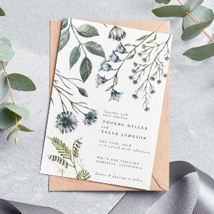 Elegant Boho Blue Green Wildflower Wedding Invitation