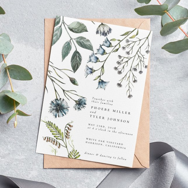 Elegant Boho Blue Green Wildflower Wedding Invitation (Creator Uploaded)