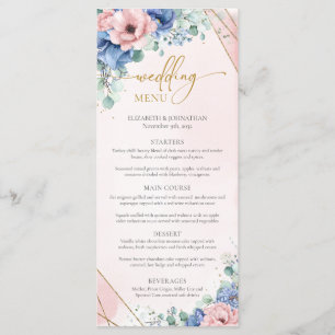Elegant boho blush and blue flowers gold frame menu
