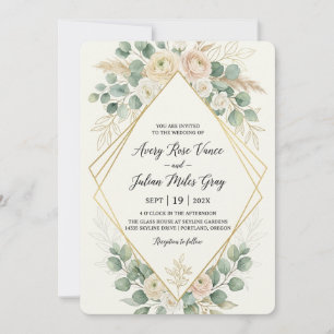 Elegant Boho Blush Floral Gold Geometric Wedding I Invitation