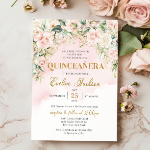 Elegant boho blush floral gold glitter Quinceañera Invitation