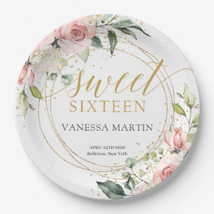 Elegant boho blush floral gold glitter sweet 16th paper plate
