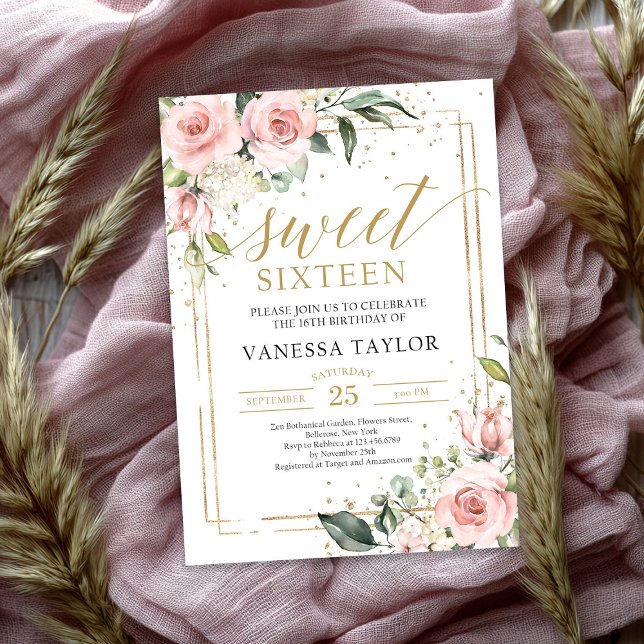 Elegant boho blush pink floral gold sweet sixteen invitation (Elegant boho blush pink floral gold sweet sixteen invitation)