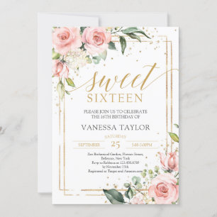 Elegant boho blush pink floral gold sweet sixteen invitation