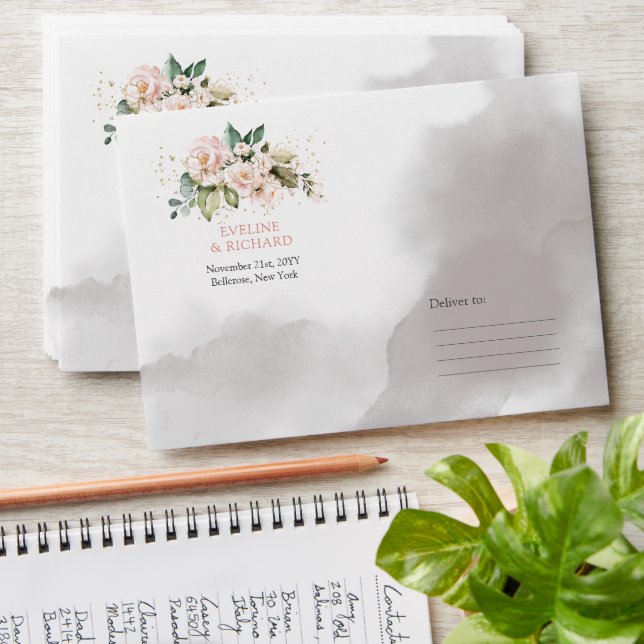 Elegant boho blush pink roses greenery gold frame envelope (Stacked)