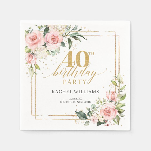 Elegant boho blush pink roses greenery gold frame napkin (Front)