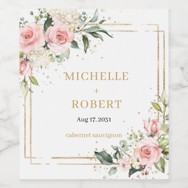 Elegant boho blush pink roses greenery gold frame wine label (Single Label)