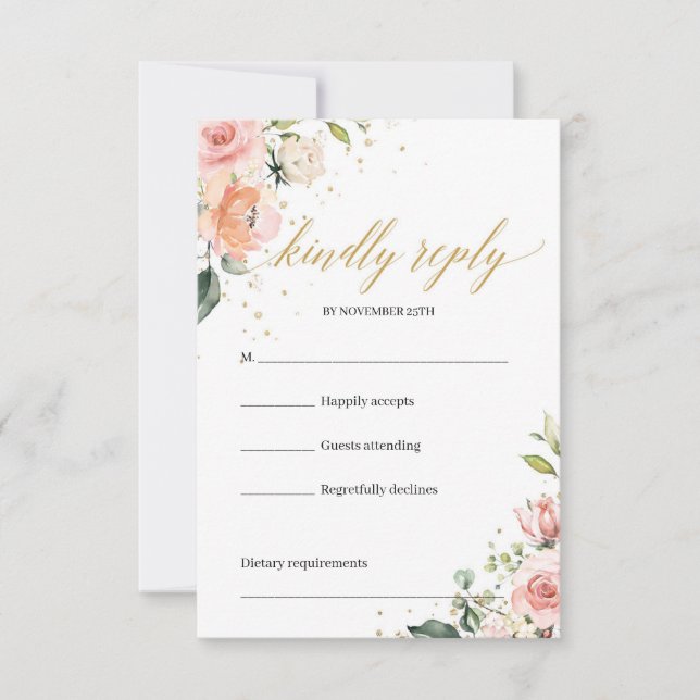 Elegant boho blush pink roses greenery rsvp card (Front)