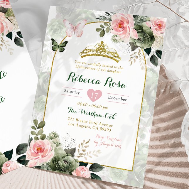 Elegant Boho Blush Pink Sage Green Quinceañera  Invitation (Creator Uploaded)