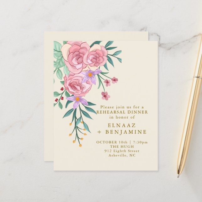 Elegant Boho Blush Pink Watercolor Floral Wedding  (Front/Back In Situ)
