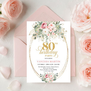 Elegant Boho Blush Roses 80th Birthday Invitation