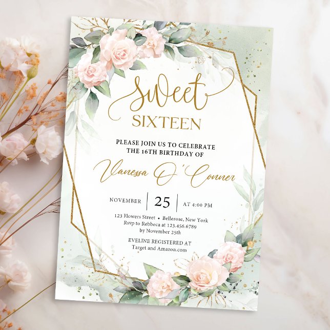 Elegant boho blush roses and eucalyptus gold frame invitation (Soft pastel pink roses greenery and gold frame sweet sixteen invitation template)