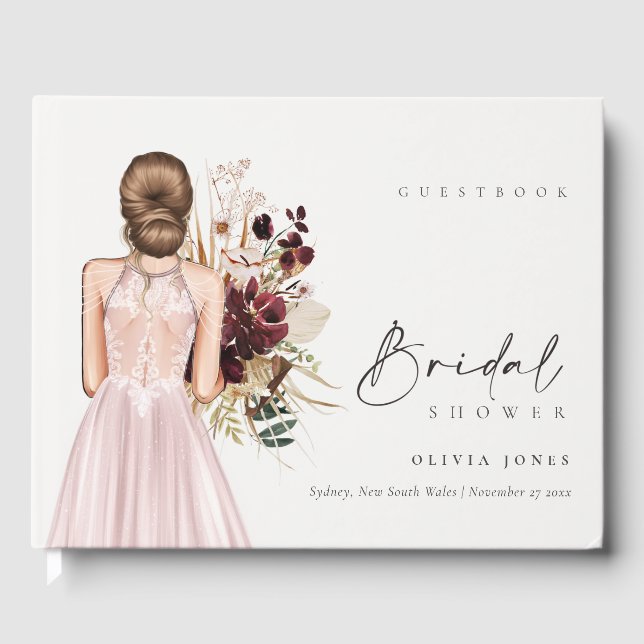 Elegant Boho Blush Wedding Gown Bridal Shower Guest Book (Front)