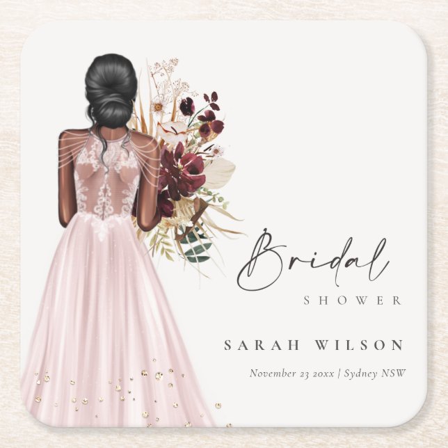 Elegant Boho Blush Wedding Gown Bridal Shower Square Paper Coaster (Front)