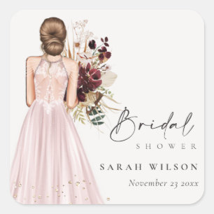 Elegant Boho Blush Wedding Gown Bridal Shower Square Sticker