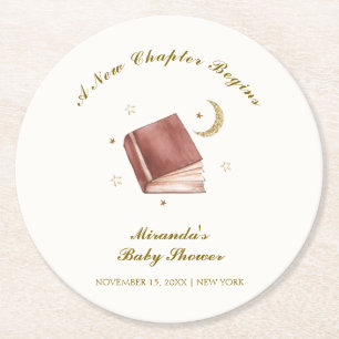 Elegant Boho Book Moon Star Baby Shower  Round Paper Coaster
