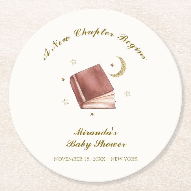 Elegant Boho Book Moon Star Baby Shower  Round Paper Coaster (Front)