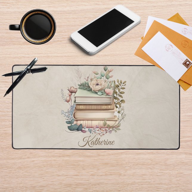 Elegant Boho Book Stack Floral  Name Desk Mat (Creator Uploaded)
