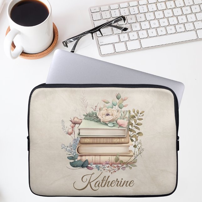 Elegant Boho Book Stack Floral  Name Laptop Sleeve (Creator Uploaded)