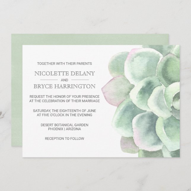 Elegant Boho Botanical Sage Succulent Wedding Invitation (Front/Back)