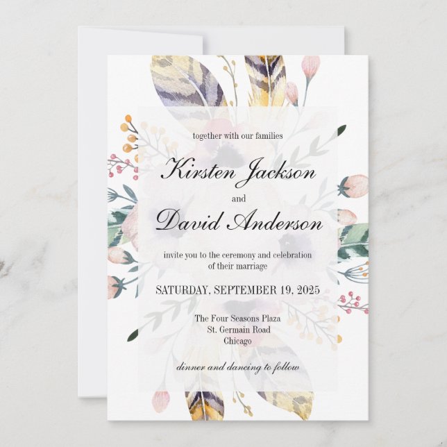 Elegant Boho Bouquet Wedding Invitation (Front)