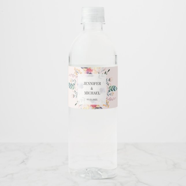 Elegant Boho Bouquet Wedding Water Bottle Label (Front)