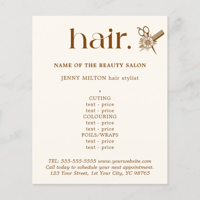 Elegant Boho Brown Golden Scissors Hair Menu (Front)