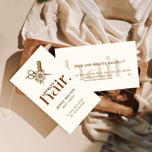 Elegant Boho Brown Scissors Hair Stylist Business Card (Creator Uploaded)
