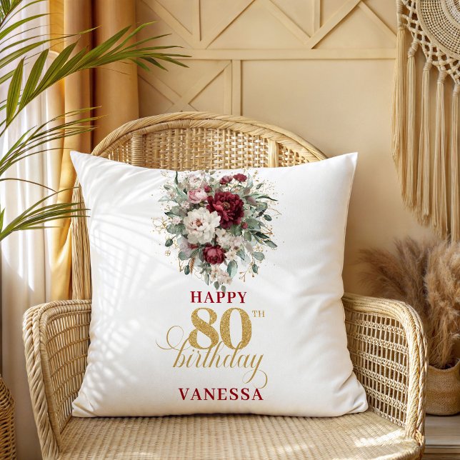 Elegant Boho Burgundy 80th Birthday Pillow (Elegant Boho Burgundy 80th Birthday Pillow)