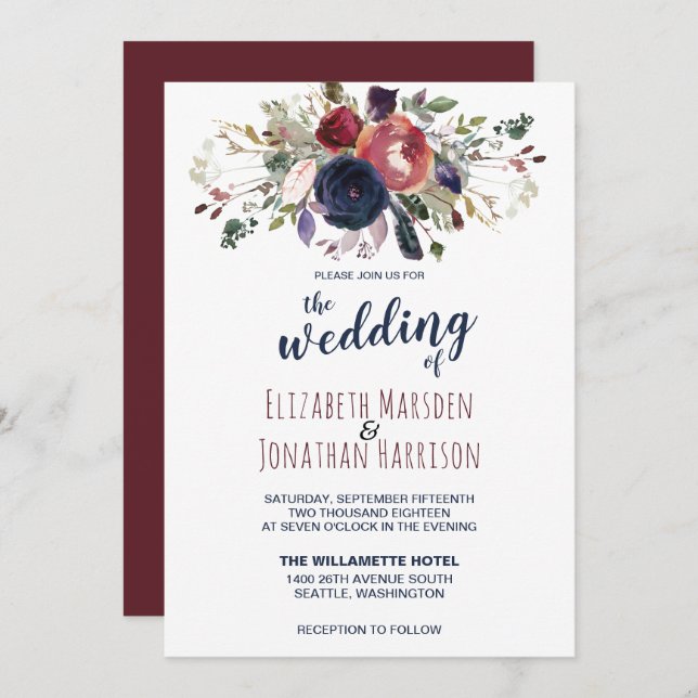 Elegant Boho Burgundy and Navy Blue Floral Wedding Invitation (Front/Back)