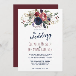 Elegant Boho Burgundy and Navy Blue Floral Wedding Invitation