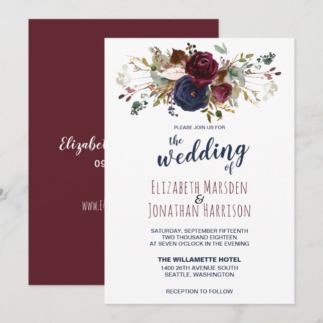 Elegant Boho Burgundy and Navy Blue Floral Wedding Invitation (Front/Back)
