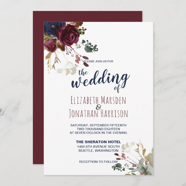 Elegant Boho Burgundy and Navy Blue Floral Wedding Invitation (Front/Back)