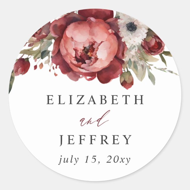 Elegant Boho Burgundy Blush Floral Wedding Classic Round Sticker (Front)