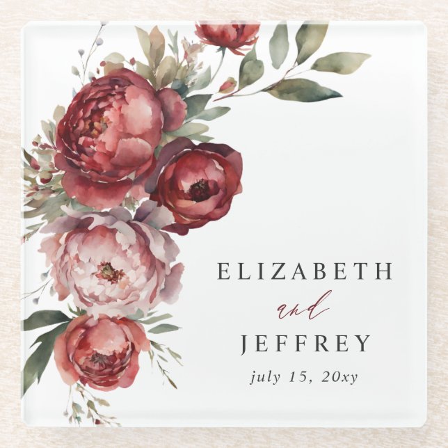 Elegant Boho Burgundy Blush Floral Wedding Glass Coaster (Front)