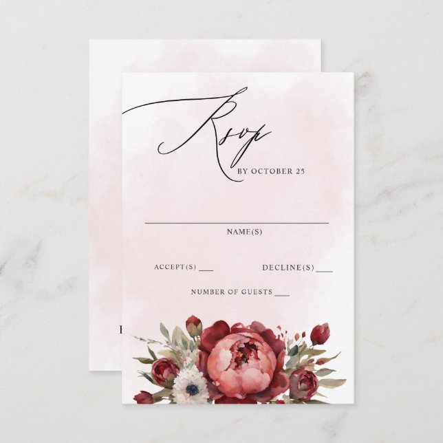 Elegant Boho Burgundy Blush Floral Wedding  RSVP Card (Front/Back)