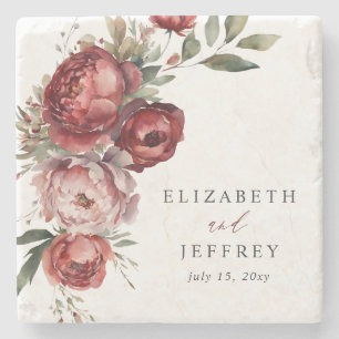 Elegant Boho Burgundy Blush Floral Wedding Stone Coaster