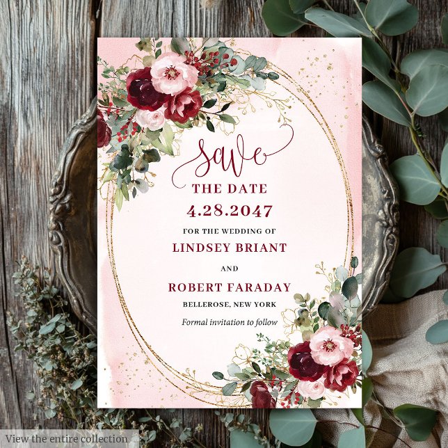 Elegant Boho Burgundy Blush Gold Floral Save Date Invitation (Elegant Boho Burgundy Blush Gold Floral Save Date)