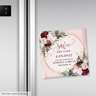 Elegant Boho Burgundy Blush Gold Floral Save Date Magnet