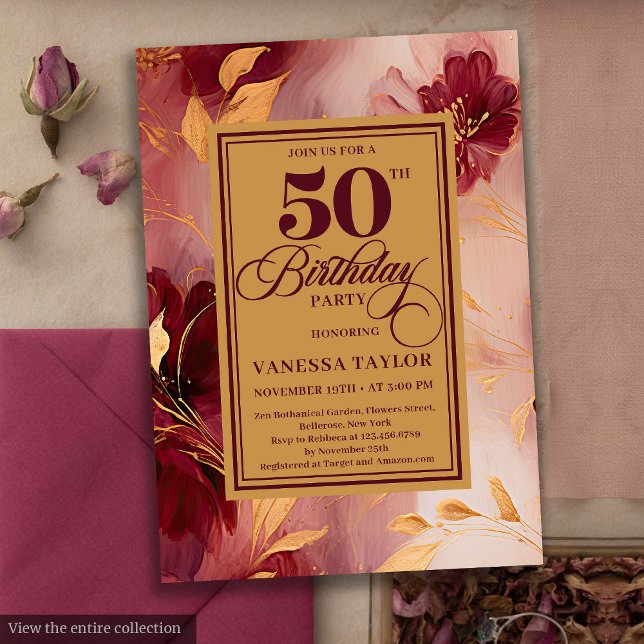 Elegant Boho Burgundy Blush Gold Roses 50th Bday Invitation (Elegant Boho Burgundy Blush Gold Roses 50th Birthday Invitation)