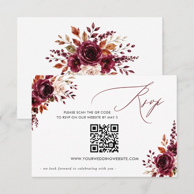Elegant Boho Burgundy Fall Floral QR CODE RSVP Card (Front/Back)