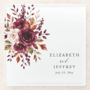 Elegant Boho Burgundy Fall Floral Wedding Glass Coaster