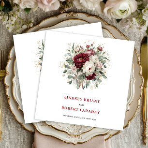Elegant Boho Burgundy Floral Eucalyptus Gold Napkin