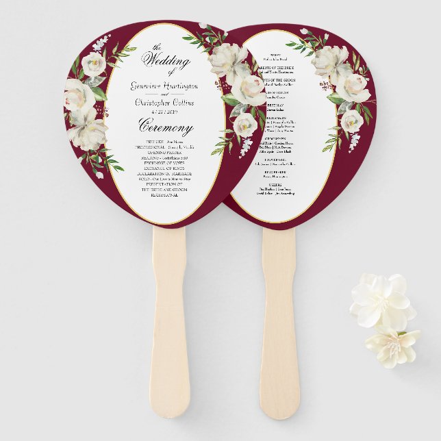 Elegant Boho Burgundy Floral Wedding Ceremony Hand Fan (Front and Back)