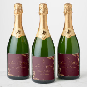 Elegant Boho   Burgundy Gold Autumn Wedding Sparkling Wine Label