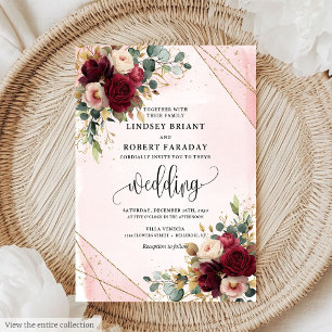 Elegant Boho Burgundy Gold Blush Roses Wedding Invitation