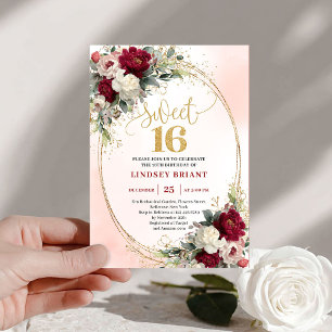 Elegant Boho Burgundy Gold Floral 16th Birthday  Invitation